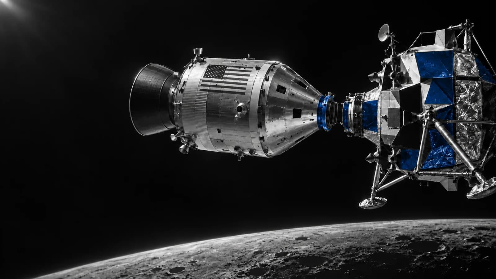 Conceptual spacecraft with a U.S. flag docking with a lunar lander above the Moon