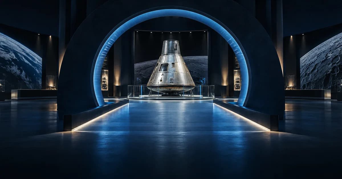 Conceptual Mercury capsule exhibit beyond a blue-lit walkway in a dark museum gallery.
