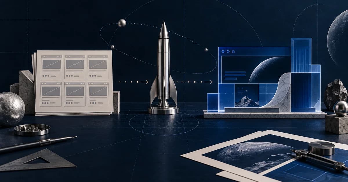 Silver rocket between a modular website template and a bespoke blue interface on a spaceflight-inspired drafting desk