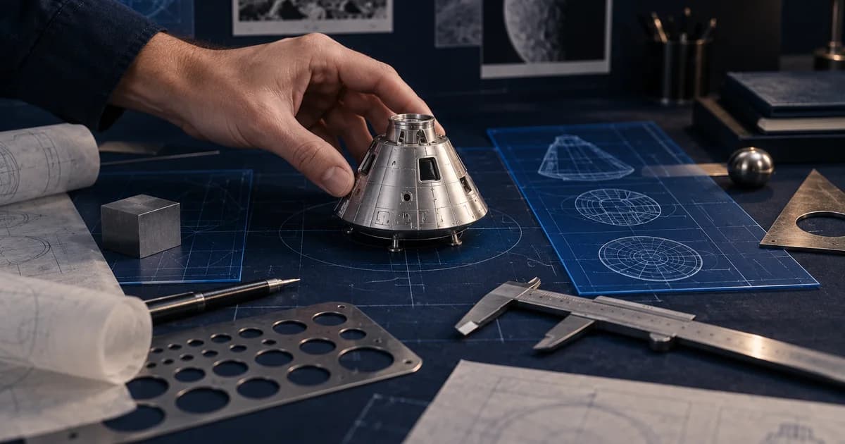 Conceptual illustration of a designer adjusting a silver capsule model on a navy drafting desk.