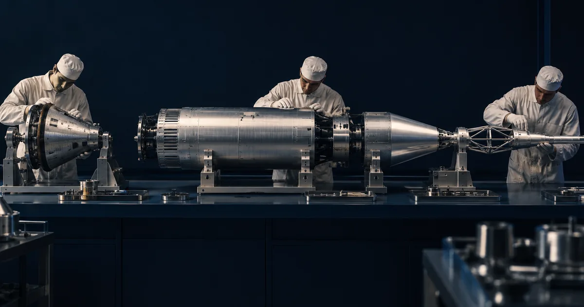 Conceptual silver rocket assembly with engineers at a navy aerospace workbench.