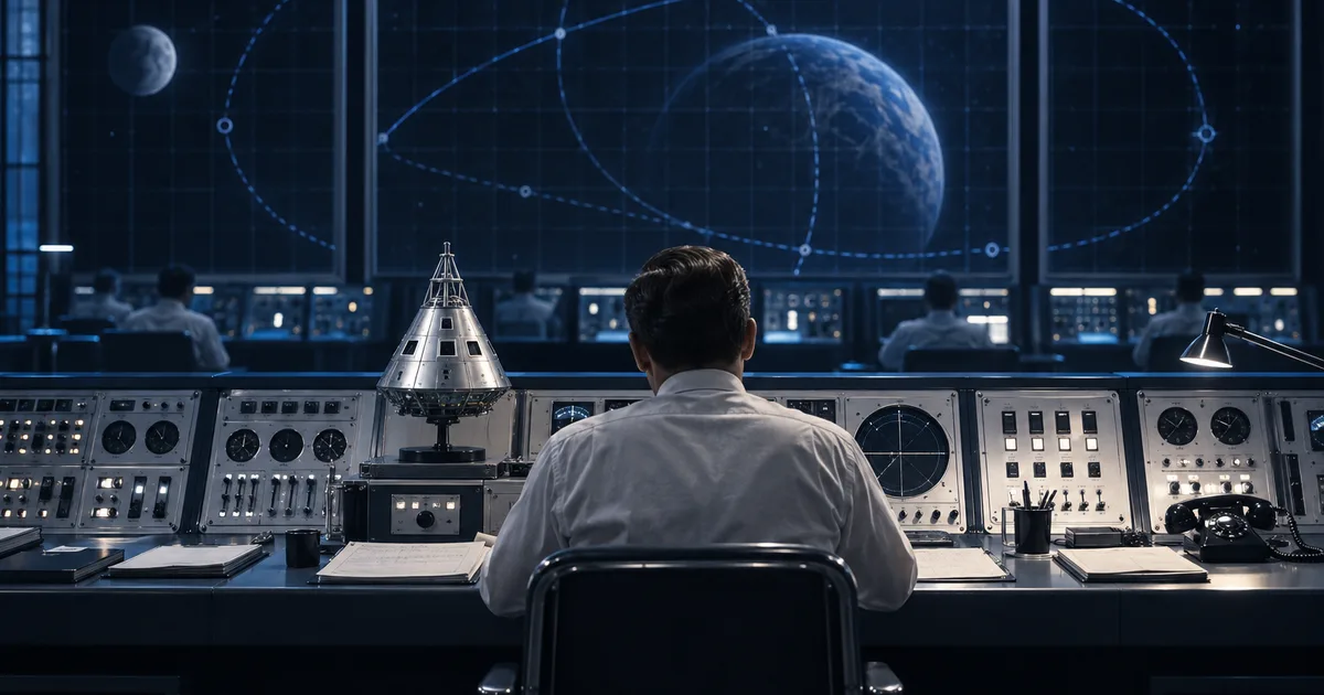 Conceptual mission-control engineer at a silver console beneath a blue orbital display.