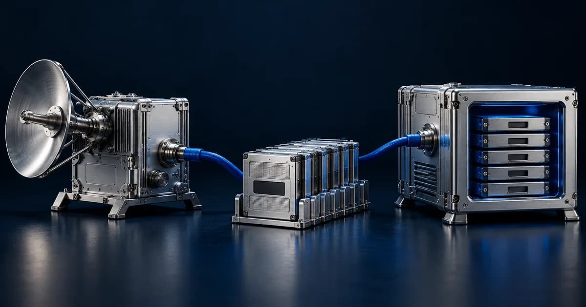 Conceptual silver telemetry transmitter and receiving archive connected by a blue cable, with metal data cartridges between them.