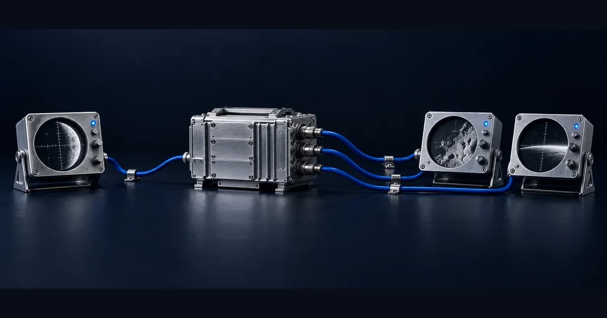 Conceptual silver mission-control data module connected to three instrument displays by blue cables.