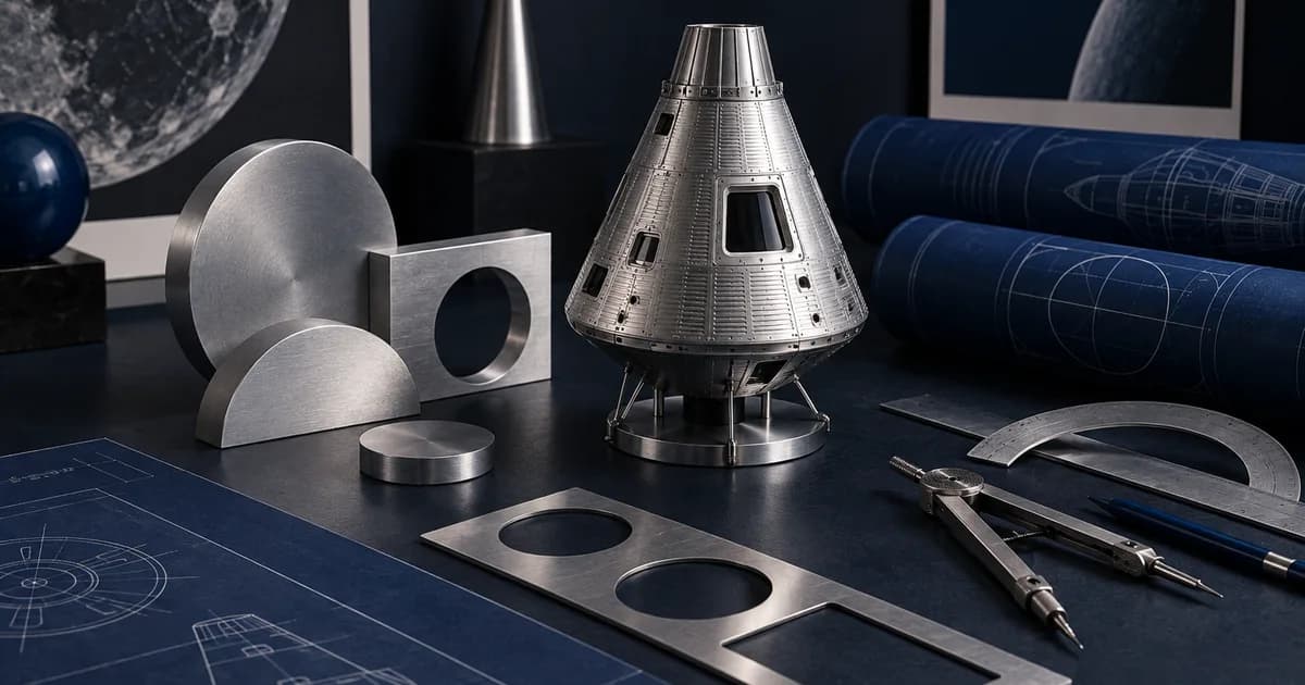 Silver capsule model with geometric drafting templates and blue technical drawings.