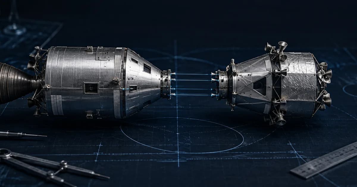 Conceptual silver spacecraft modules aligned across blue guidance lines on a navy engineering table.