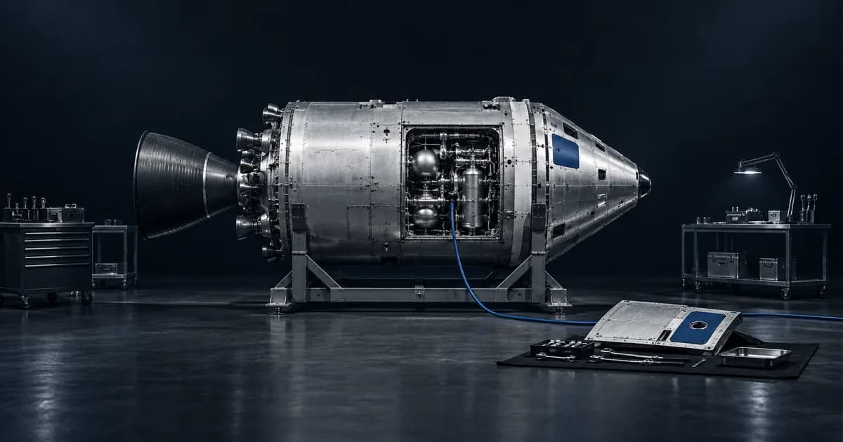 Conceptual silver spacecraft service module in a maintenance cradle, with an open inspection panel and a blue service cable.