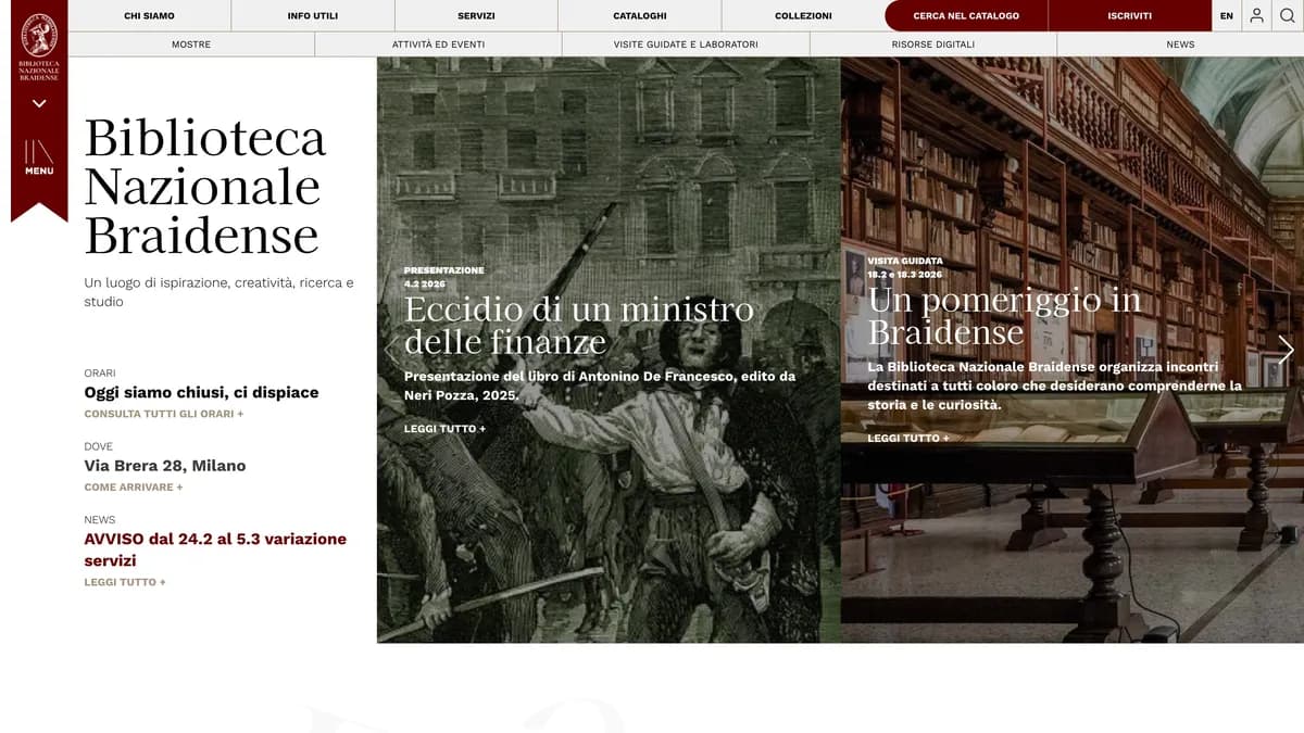 Biblioteca Braidense website — The National Library of Milan's digital gateway — preserving centuries of knowledge with a modern, accessible interface.