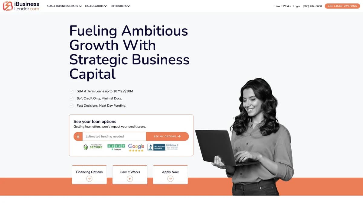 iBusinessLender website introducing business financing options