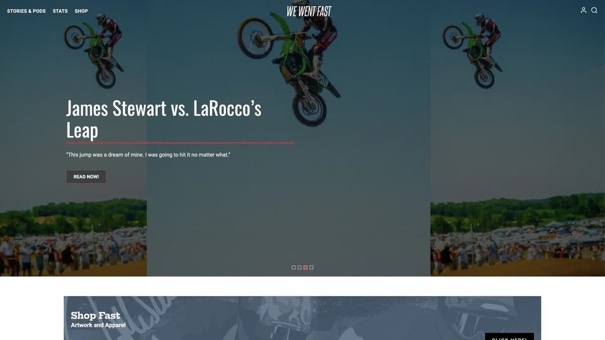 We Went Fast homepage featuring motocross stories and artwork